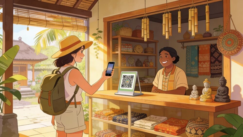 Tourist scanning QR in Bali Shop